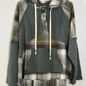 POL Green Plaid Mixed Hoodie
